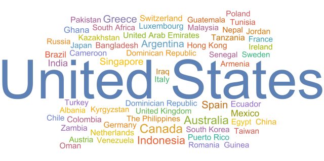 A word cloud of all the countries where students participate in Out of Eden Learn from. There are sixty countries total.