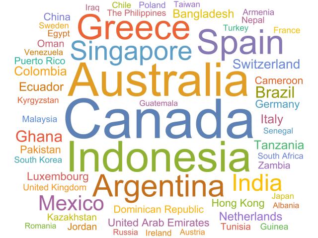 A word cloud of the countries where students participate in Out of Eden Learn from, excluding the United States.